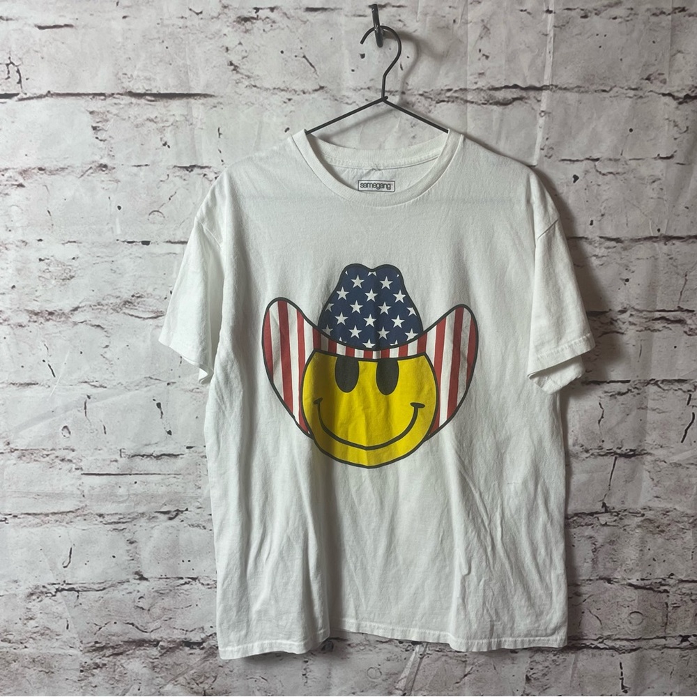 Samegang Patriotic Cowboy Smiley Face T-Shirt Graphic Tee - Size Large